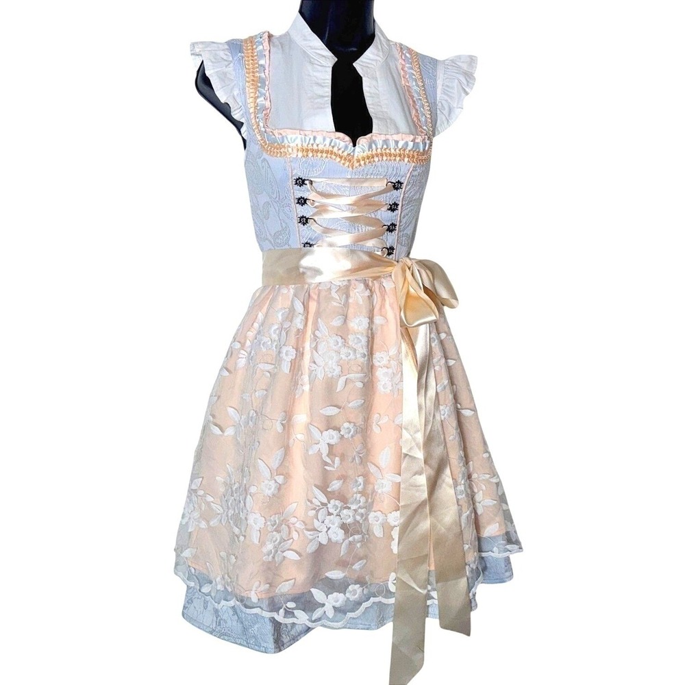 M Dirndl Dress German Austrian Oktoberfest Party Lace Floral Light Blue Beige